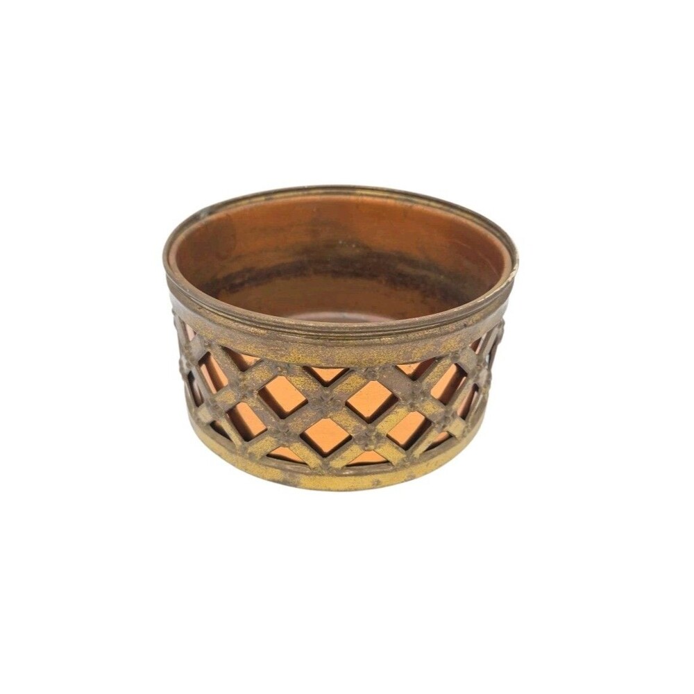 Vtg Peerage Brass Lattice Woven Repousse Basket w/ Copper Insert Planter 6 In